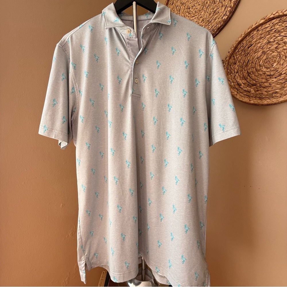 johnnie-O Light Gray Golf Polo with Teal Flamingo Pattern Size Medium